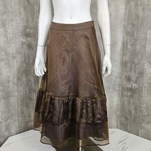 Linda Bertozzi Brown Sheer Silk Organza Midi Skirt Ruffle Hem Y2K Boho 1 aka S